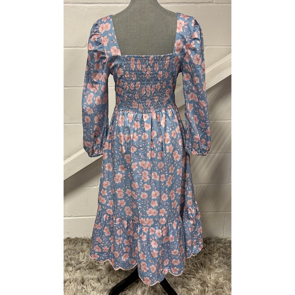 Dondolo Blue Pink Floral Smocked Scallop Hem Midi Dress Woman’s Size Large - Picture 6 of 11